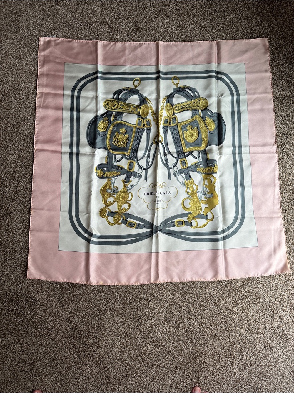 Hermes Brides de Gala Inspired Pink Silk Scarf with Gold & Gray Harness Motif